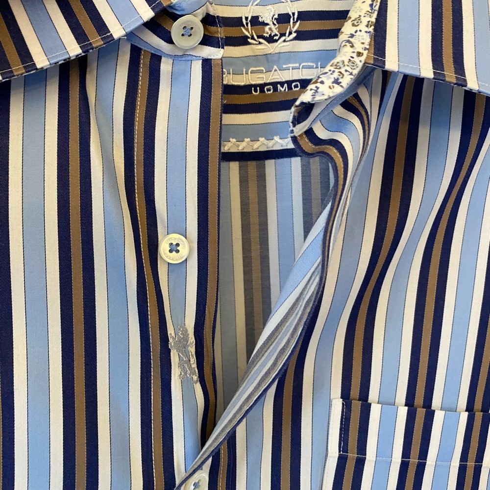 Bugatchi Uomo Large Blue and Taupe striped shirt